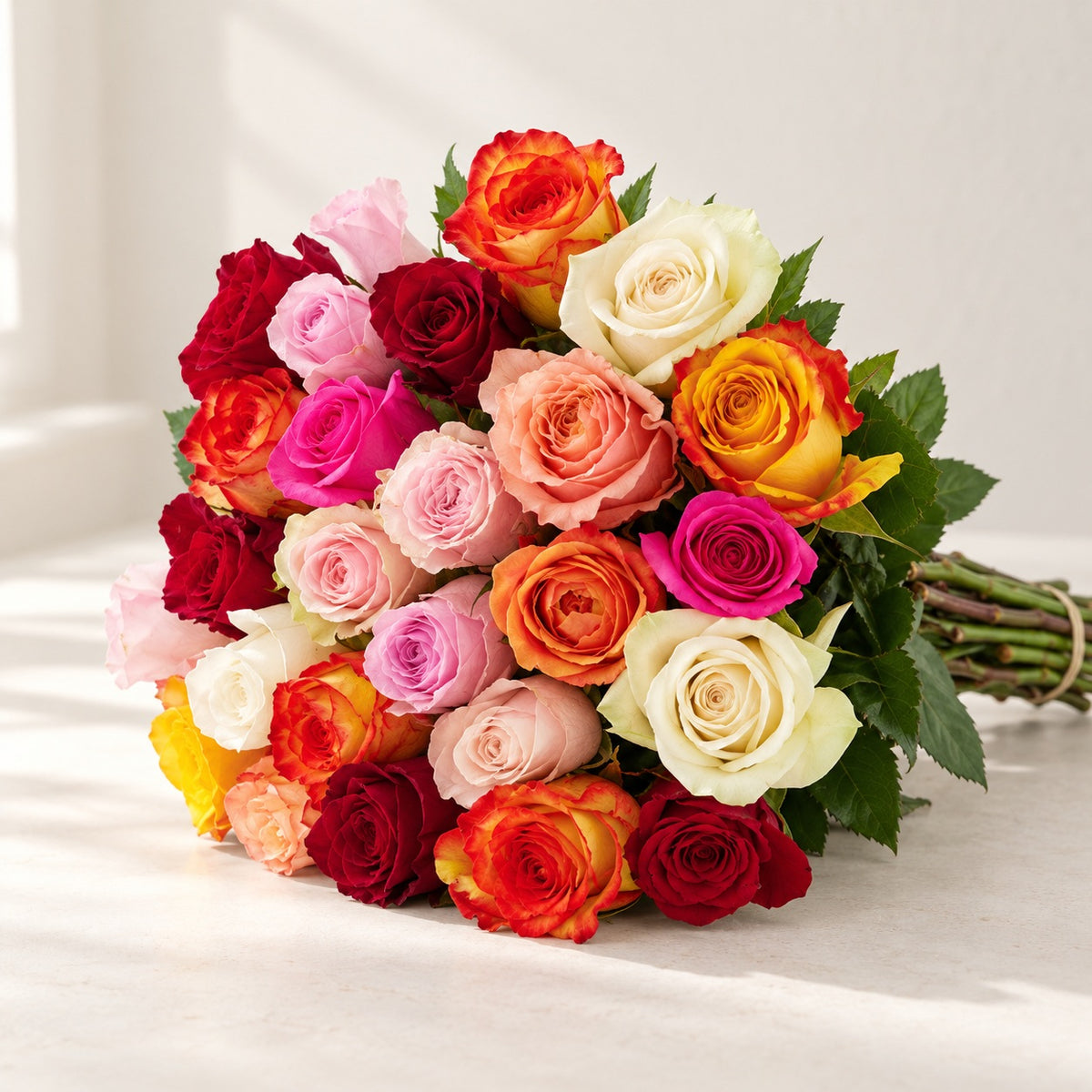 AI-assisted photo-style preview of 'Rainbow' Mixed Color Roses, 25-rose option; actual arrangement and proportions vary.