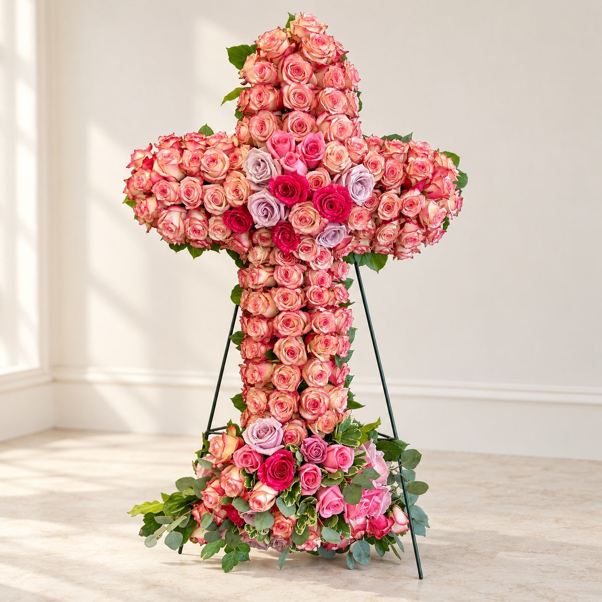 AI-assisted photo-style preview of Rose Cross Tribute Arrangement 🌹 as shown; actual arrangement and proportions vary.