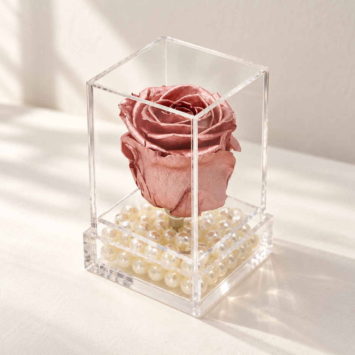 AI-assisted photo-style preview of Rose Gold Forever Rose as shown; actual arrangement and proportions vary.