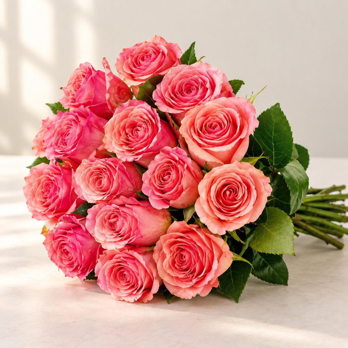 AI-assisted photo-style preview of Saga Pink-Peach Roses – Toronto Flower Delivery, 12-rose option; actual arrangement and proportions vary.