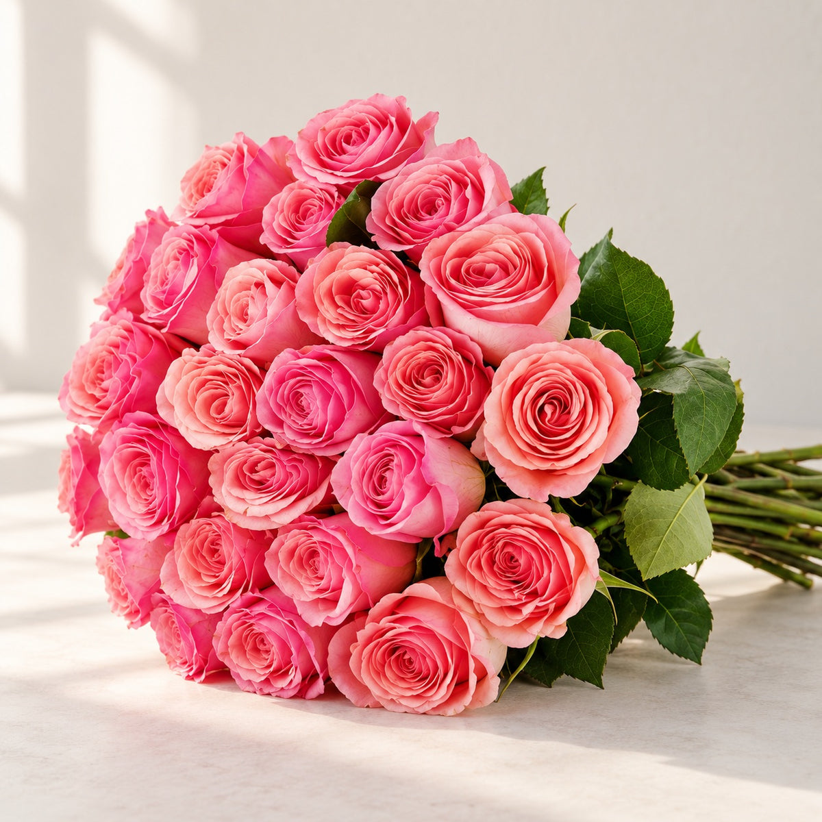 AI-assisted photo-style preview of Saga Pink-Peach Roses – Toronto Flower Delivery, 25-rose option; actual arrangement and proportions vary.