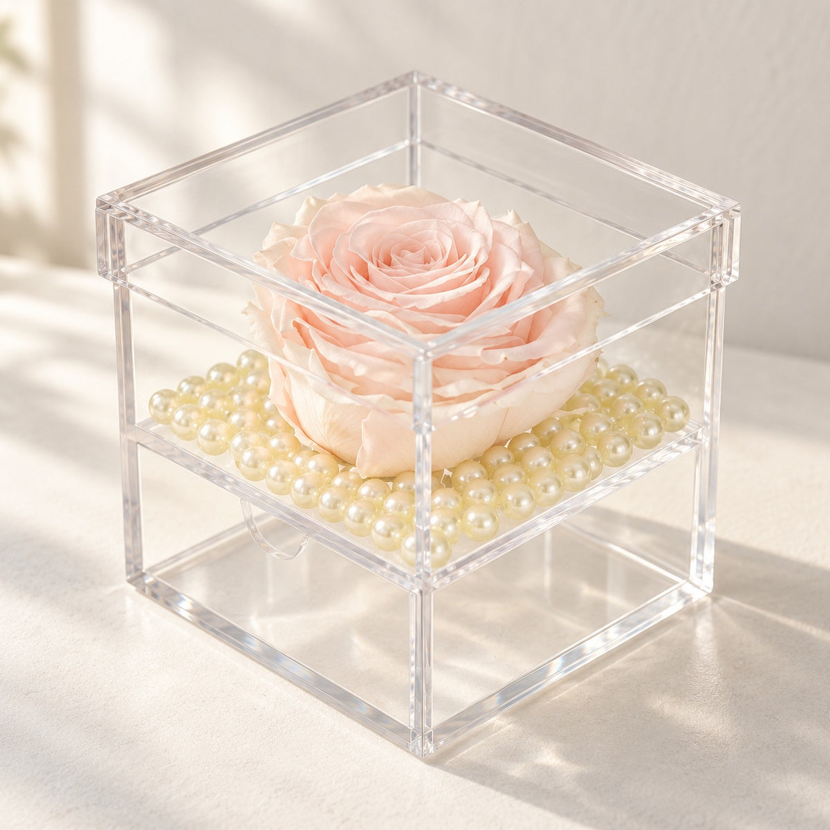 AI-assisted photo-style preview of Single Jumbo Forever Rose w. Drawer as shown; actual arrangement and proportions vary.