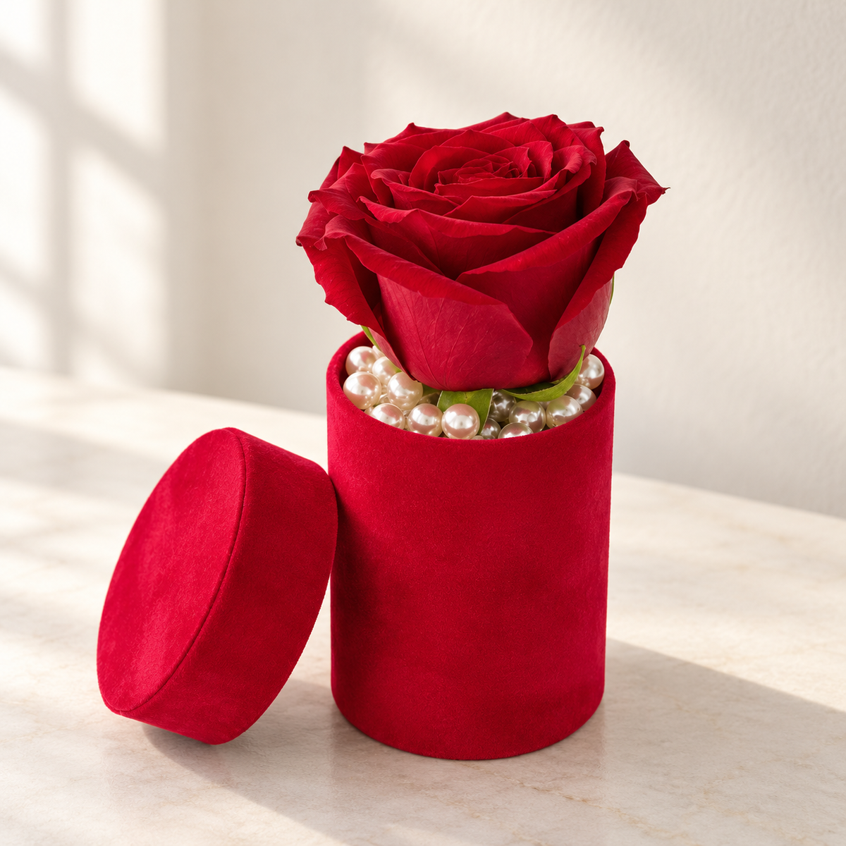 AI-assisted photo-style preview of Single Rose Box as shown; actual arrangement and proportions vary.