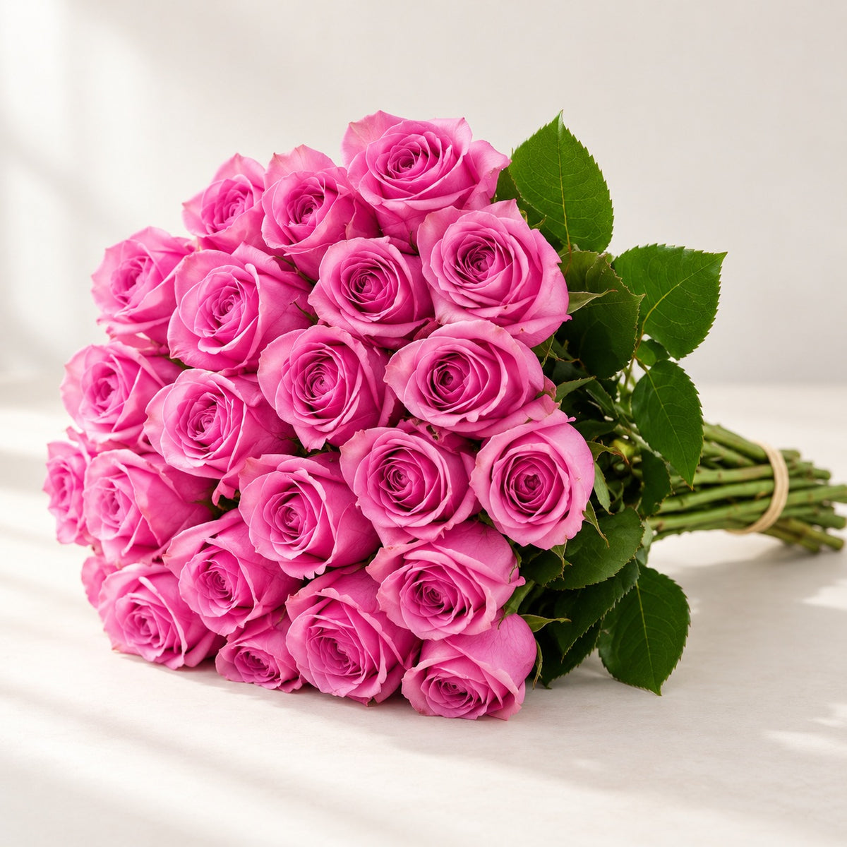 AI-assisted photo-style preview of 'Soulmate' Pink Roses, 25-rose option; actual arrangement and proportions vary.
