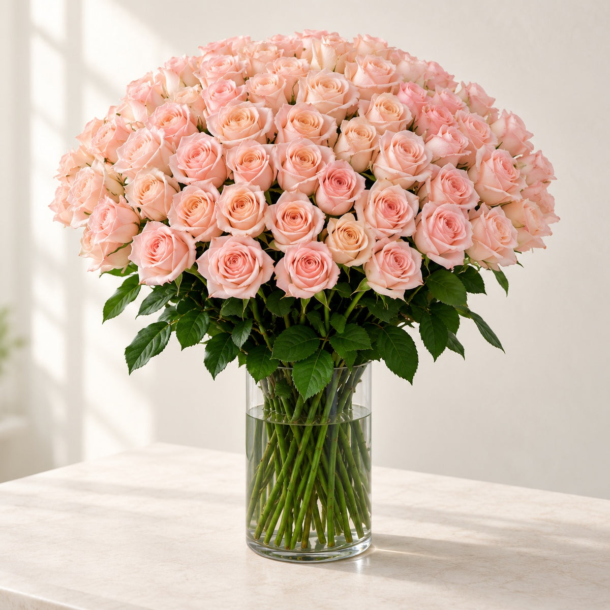 AI-assisted photo-style preview of 'Tiffany' Long Stem Vase Arrangement, 100-rose option; actual arrangement and proportions vary.