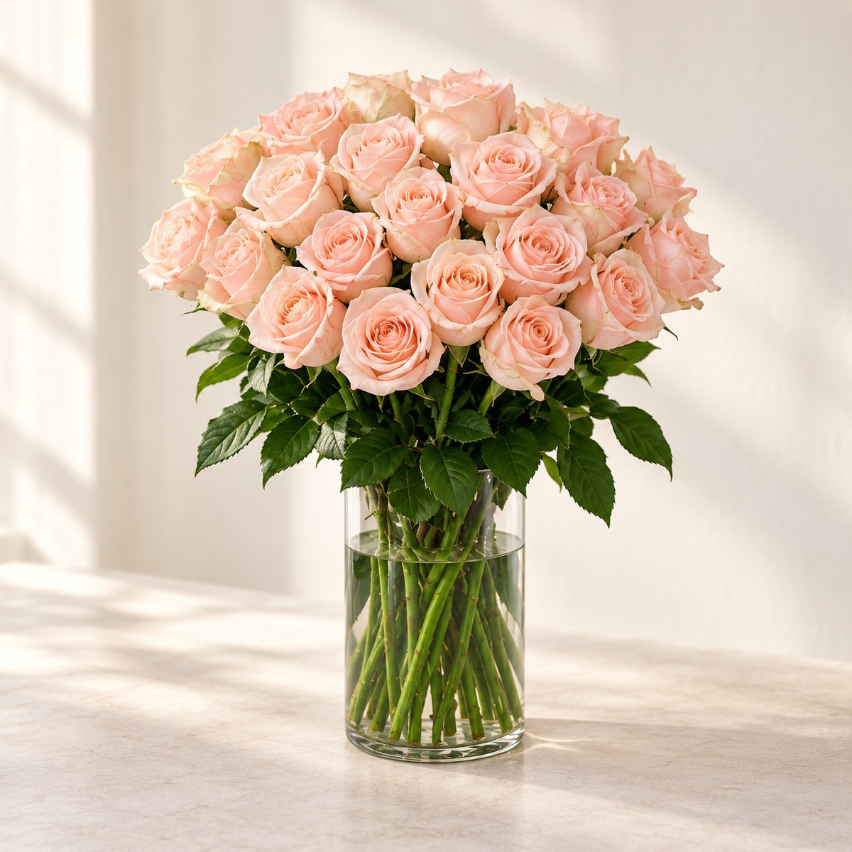 AI-assisted photo-style preview of 'Tiffany' Long Stem Vase Arrangement, 25-rose option; actual arrangement and proportions vary.