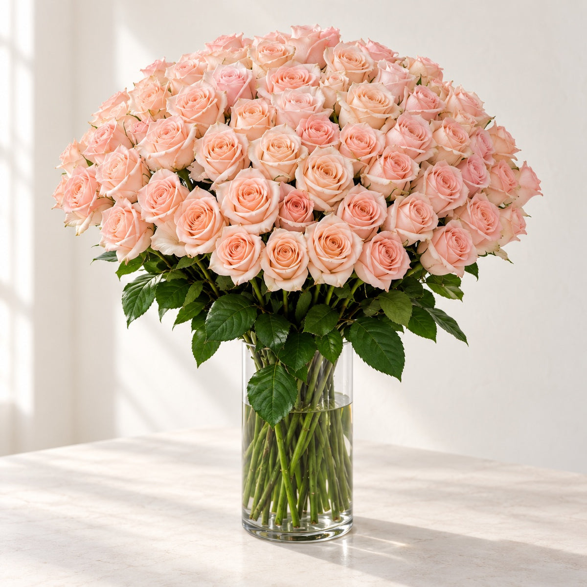 AI-assisted photo-style preview of 'Tiffany' Long Stem Vase Arrangement, 75-rose option; actual arrangement and proportions vary.
