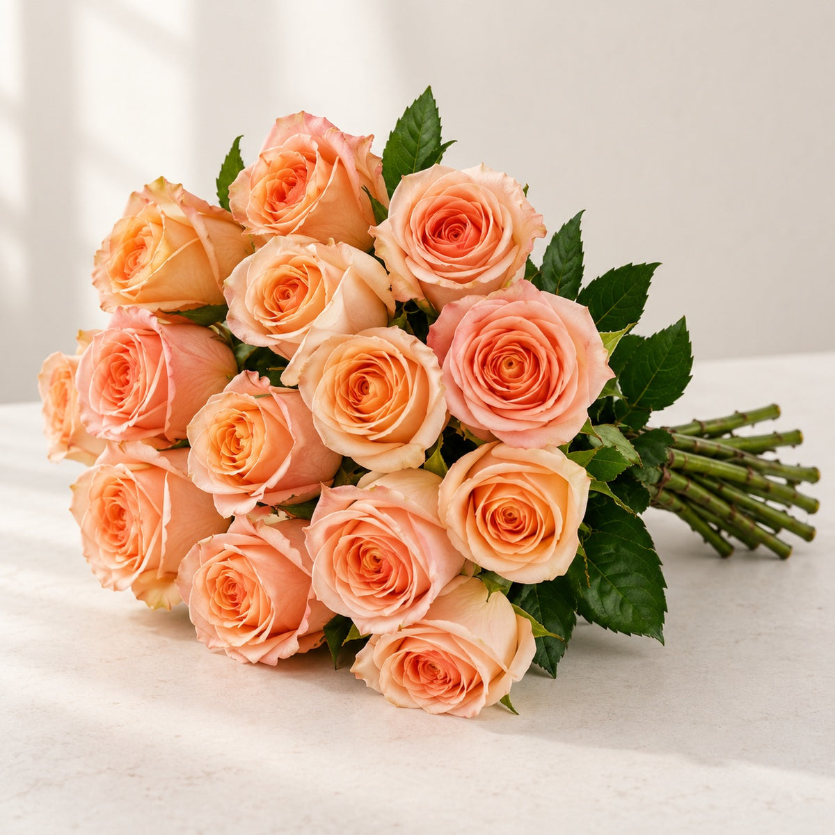 AI-assisted photo-style preview of Tiffany Peach Roses – Toronto Flower Delivery, 12-rose option; actual arrangement and proportions vary.