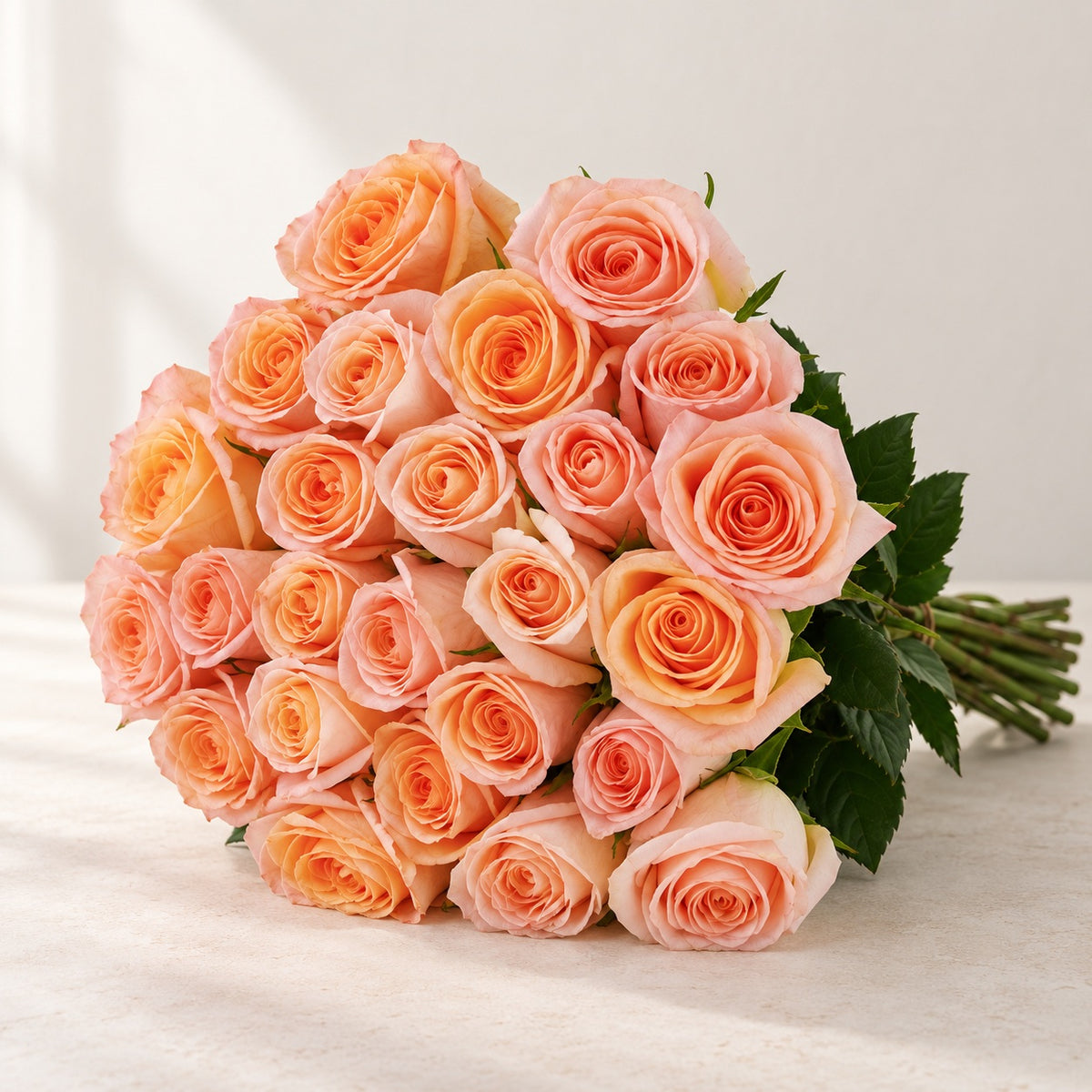 AI-assisted photo-style preview of Tiffany Peach Roses – Toronto Flower Delivery, 25-rose option; actual arrangement and proportions vary.