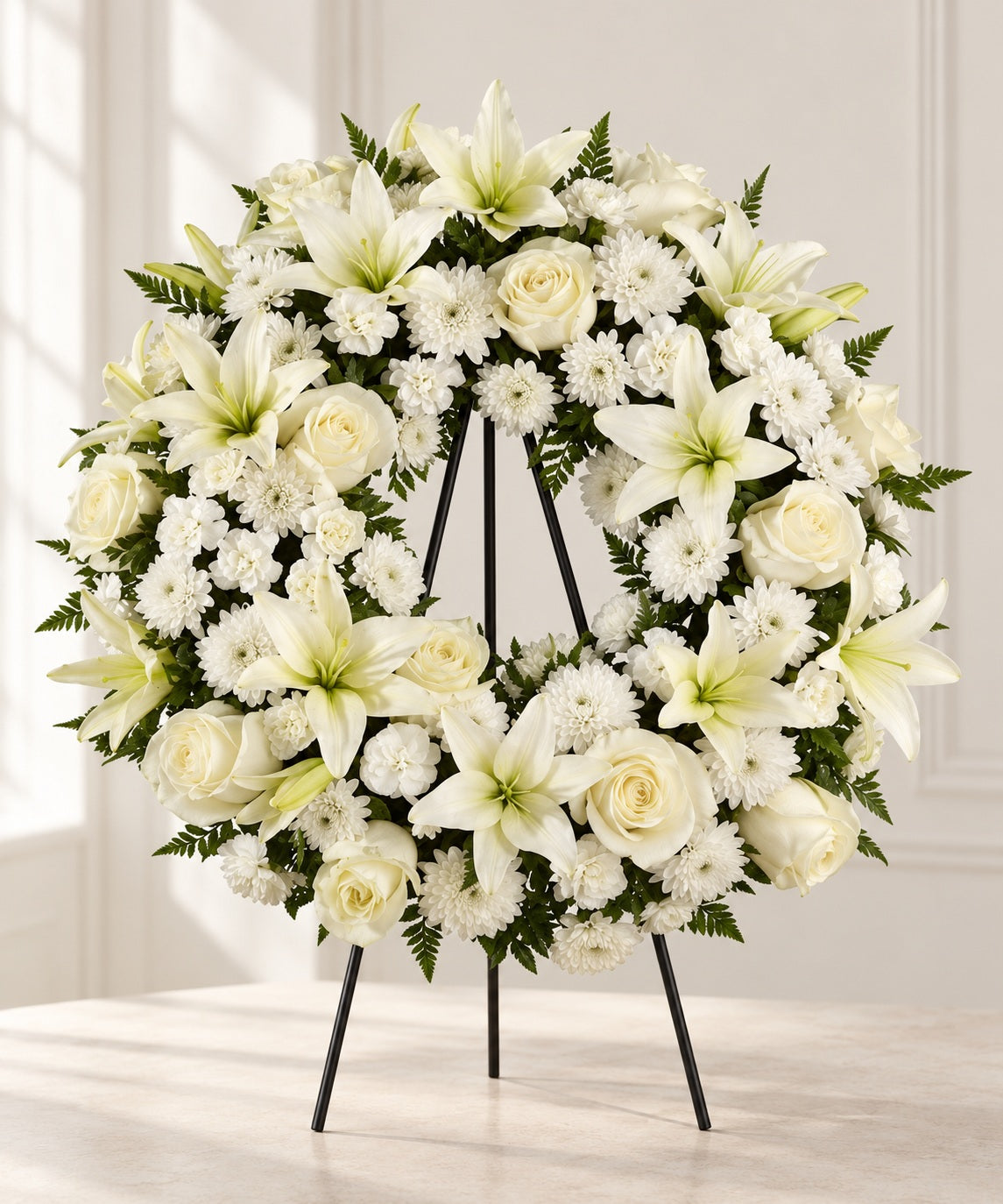 AI-assisted photo-style preview of White Sympathy Wreath as shown; actual arrangement and proportions vary.